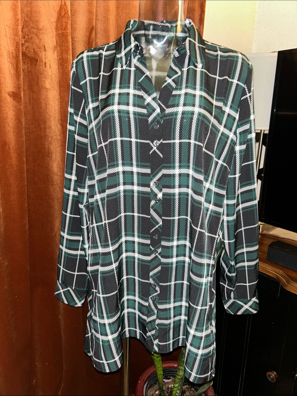Susan Graver Black and Green Plaid Button-Front Top